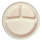 Beige fiber plate with three sections on a white background