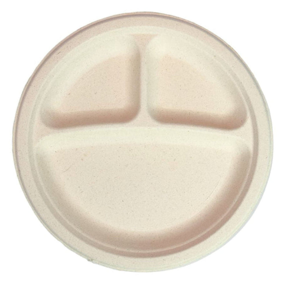 Beige fiber plate with three sections on a white background