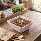 Fiber Bowl with Lid of chili with sour cream and greens on a wooden table with compostable packaging option.