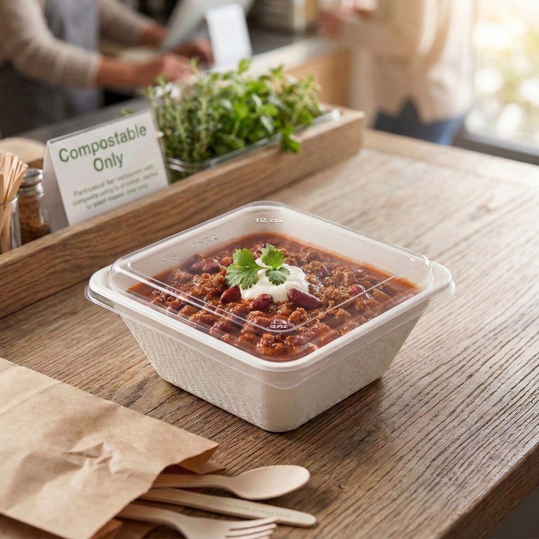Fiber Bowl with Lid of chili with sour cream and greens on a wooden table with compostable packaging option.