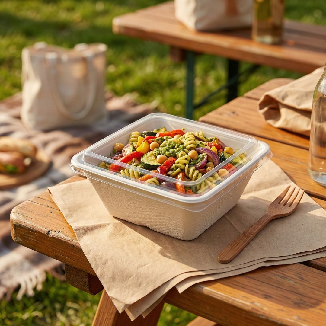 Bowl with lid of pasta salad on a picnic table with a wooden bench and grass background