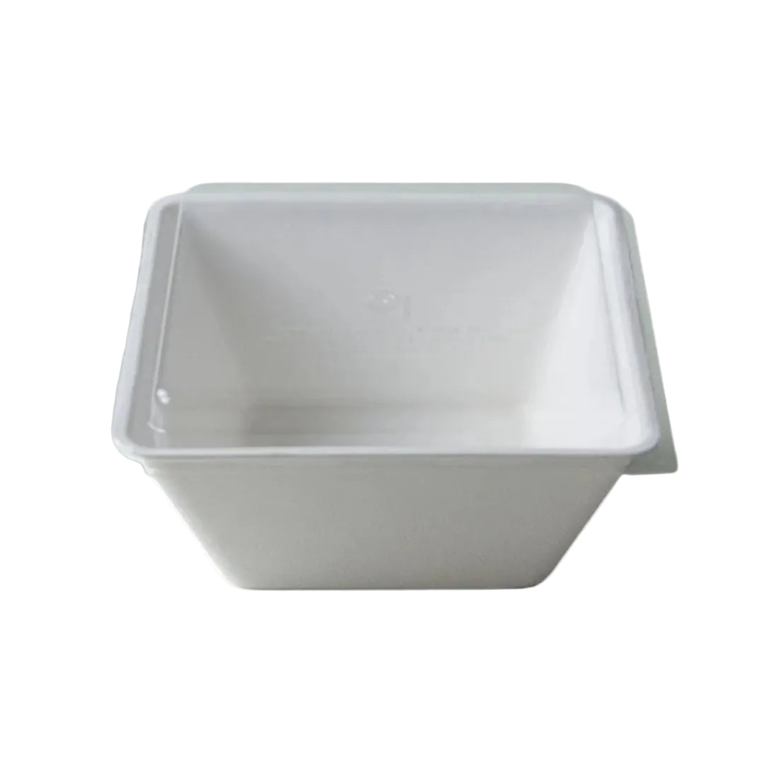 White disposable bowl with a lid on a white background