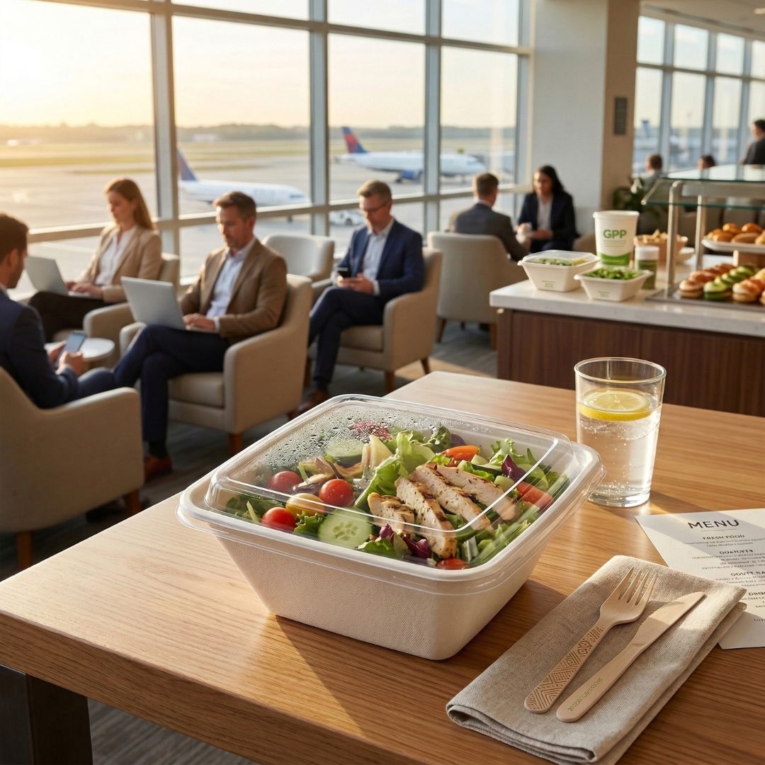 Salad in a takeout bowl with lid on a table with people in the background at an airport lounge.