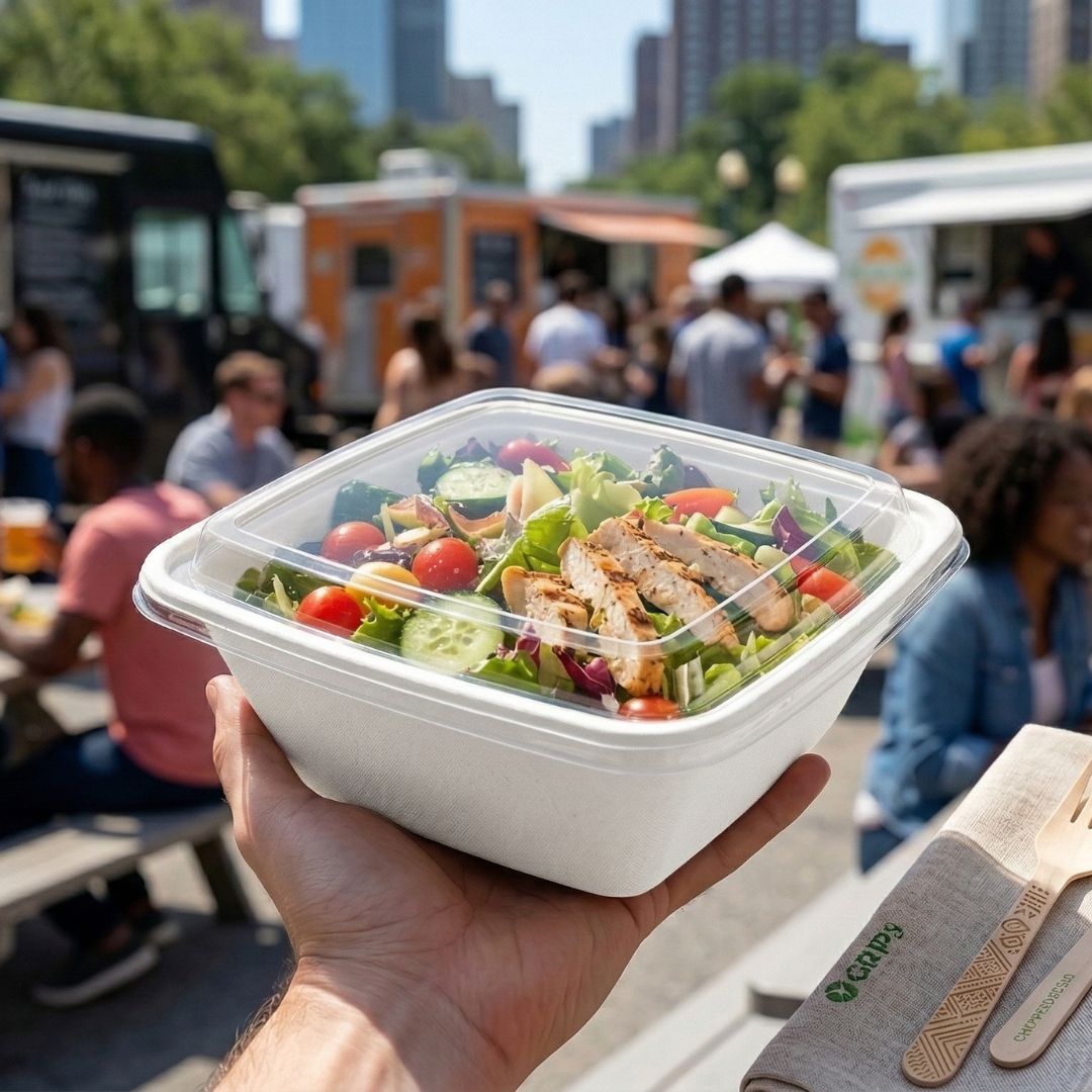 Hand holding a salad container with a food truck and people in the background