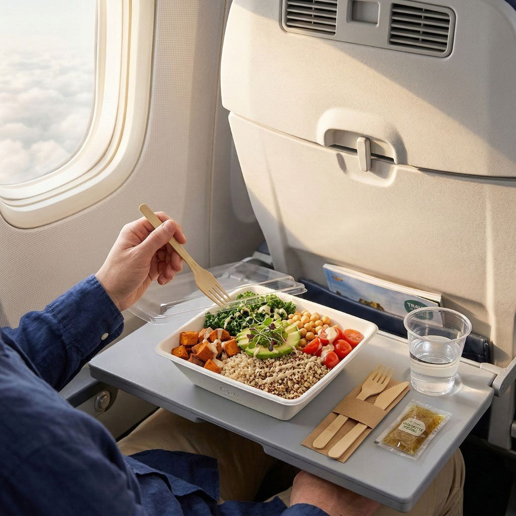 Person eating a meal on an airplane from a compostable bowl with lid on a tray table, food, and utensils.