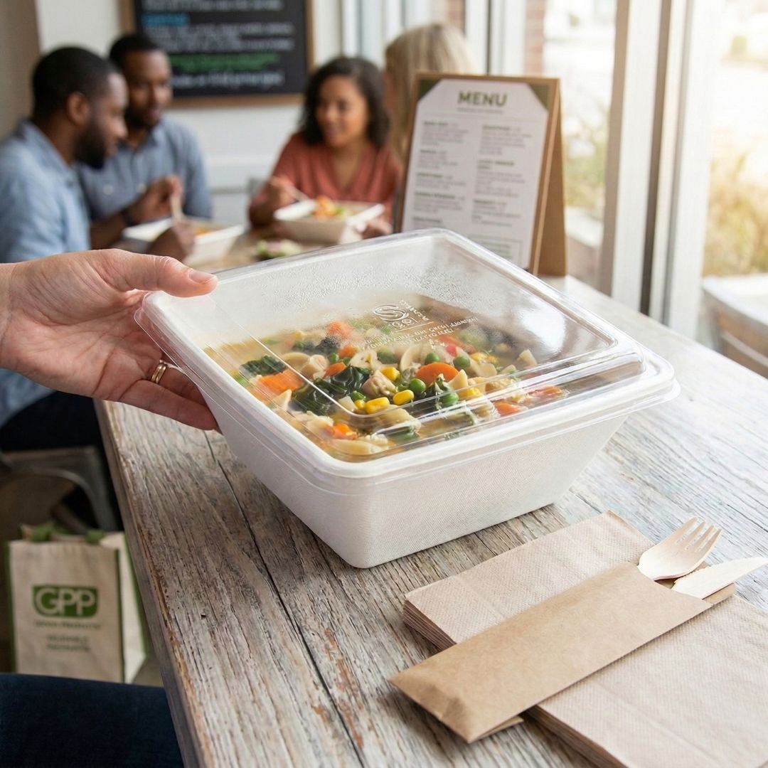 Hand holding a take-out container of food with people in the background