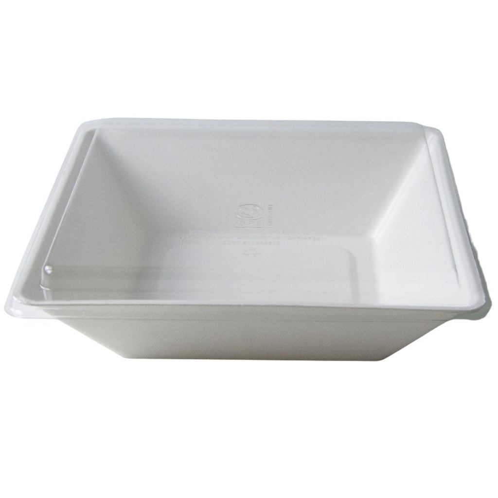 White bowl container with clear compostable lid on a white background