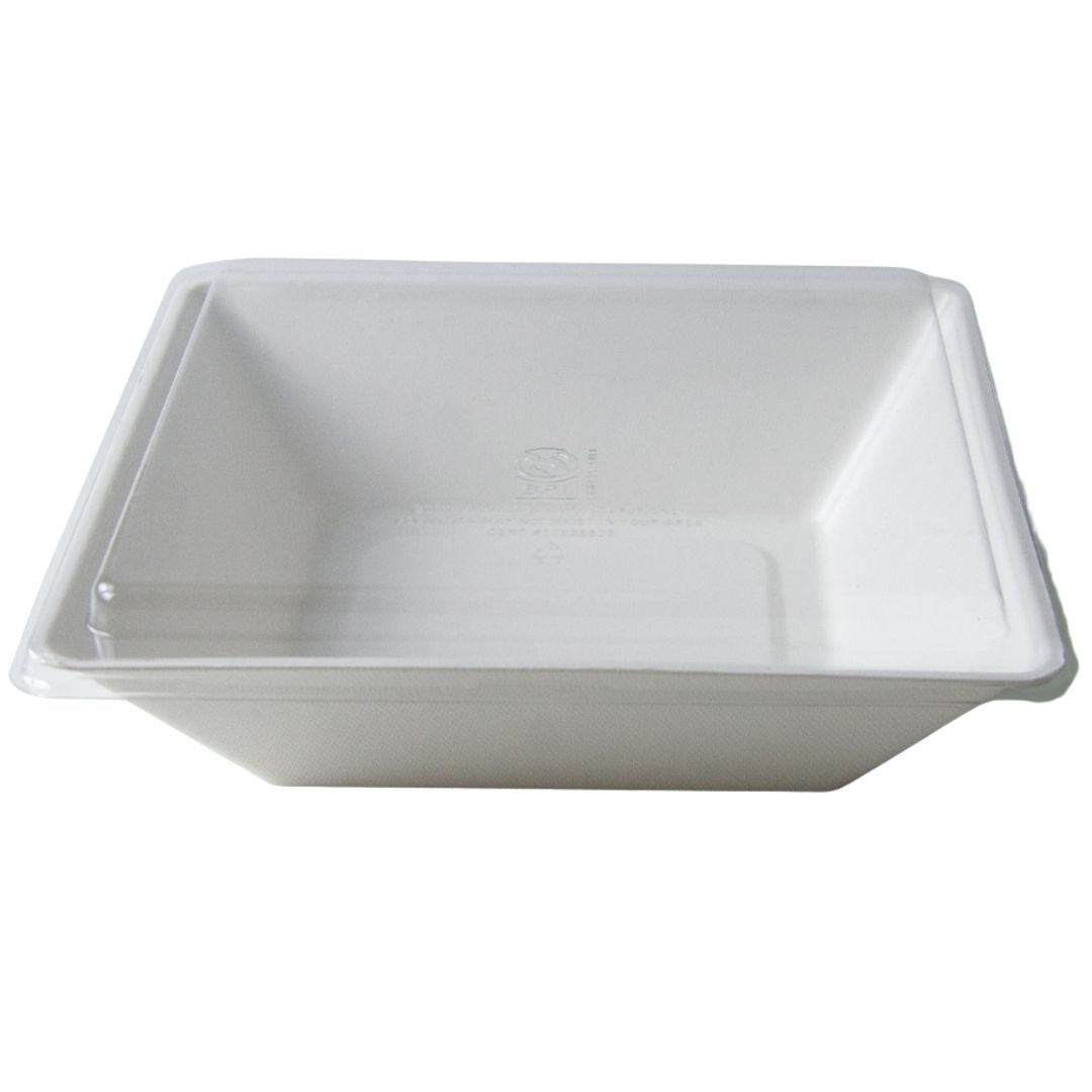 White bowl container with clear compostable lid on a white background