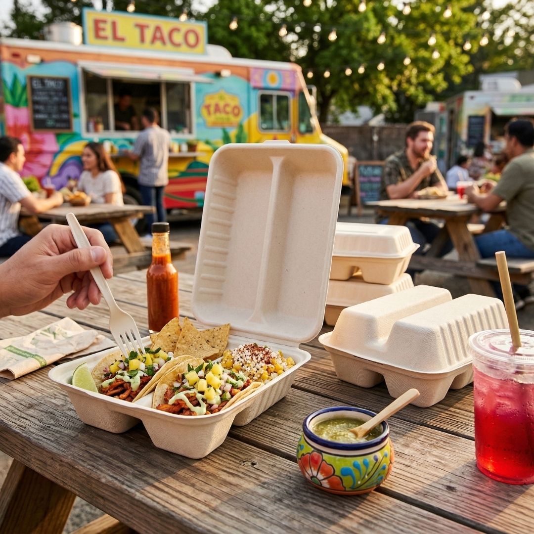 Picture of taco clamshells in a taco truck setting.