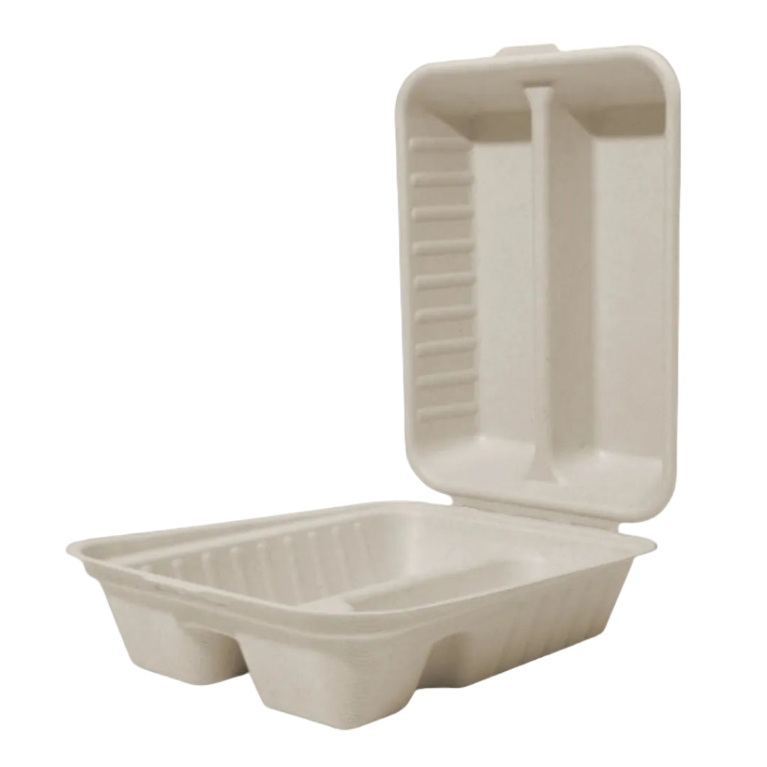 Compostable taco clamshell with a lid on a white background