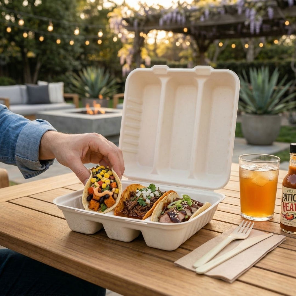 Person picking up a taco from a 3 taco clamshell with a lid next to a drink and a bottle on a wooden table outdoors.