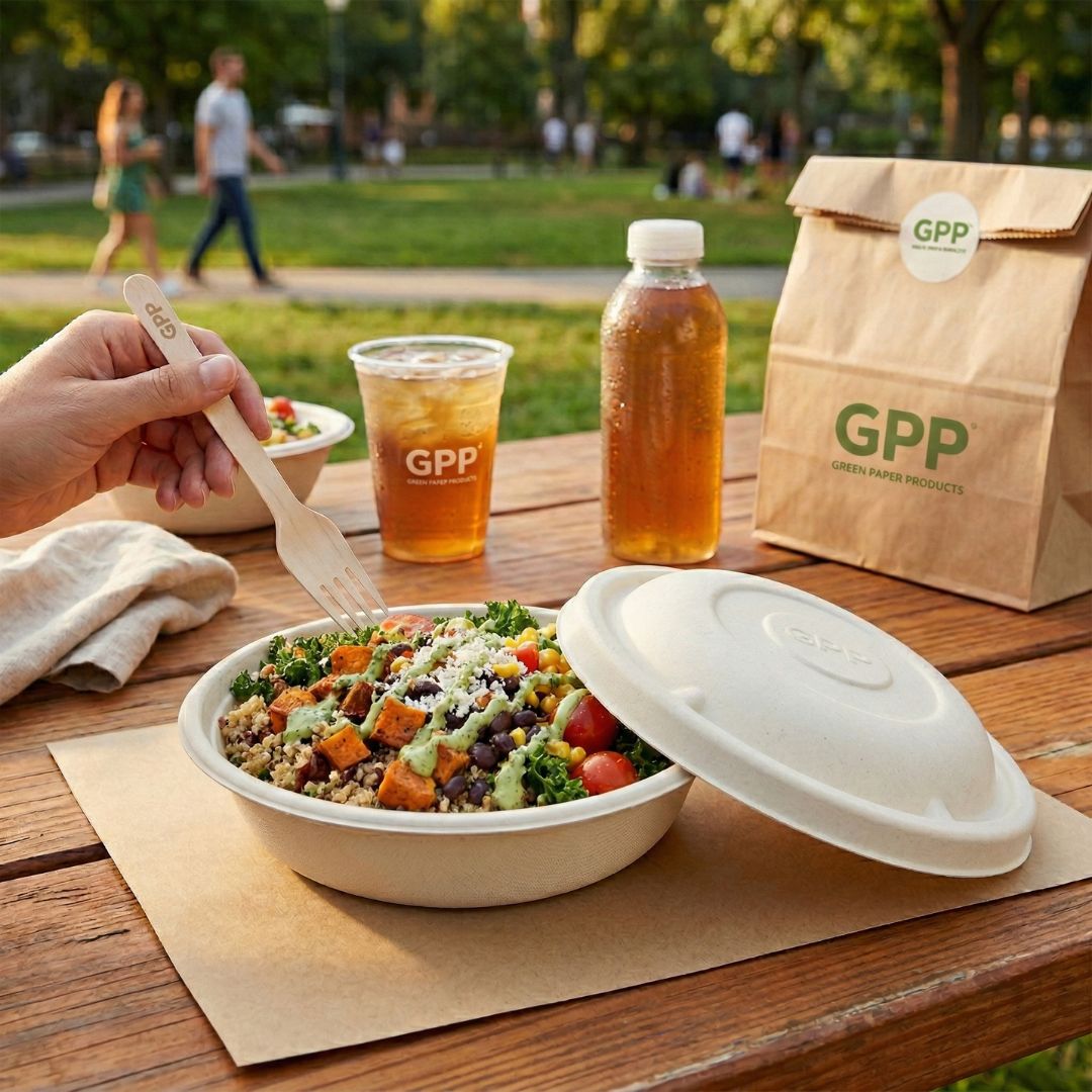 Compostable salad bowl with a salad, a drink, and a bag on a wooden table outdoors.