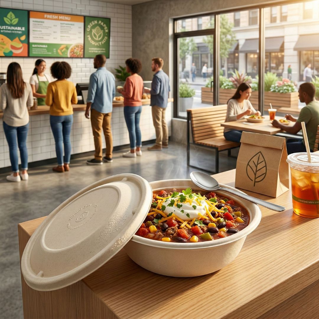 Deli counter with a bowl of food and lid, people in the background, and a view of the street outside.
