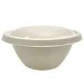 Compostable fiber bowl with a fiber lid on a white background