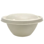 Compostable fiber bowl with a fiber lid on a white background