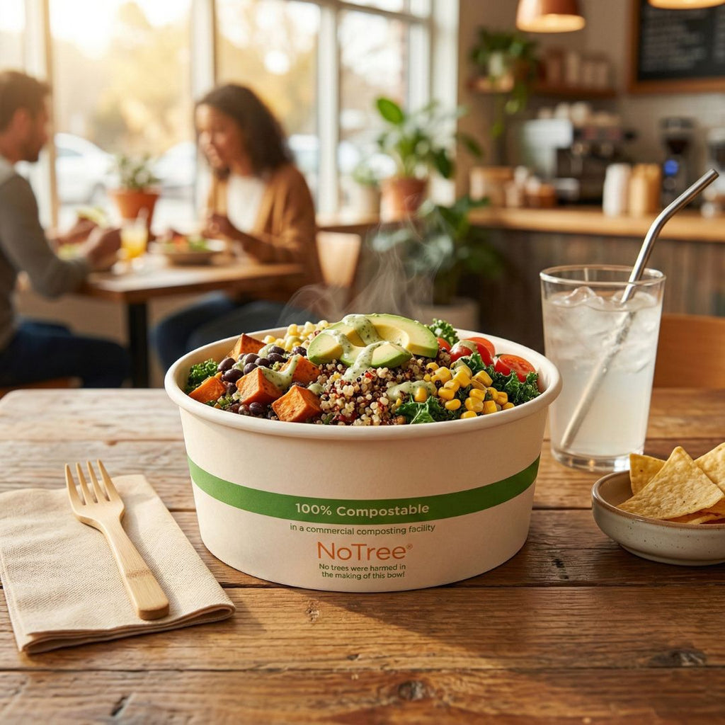 Salad bowl with compostable container on a wooden table in a restaurant setting