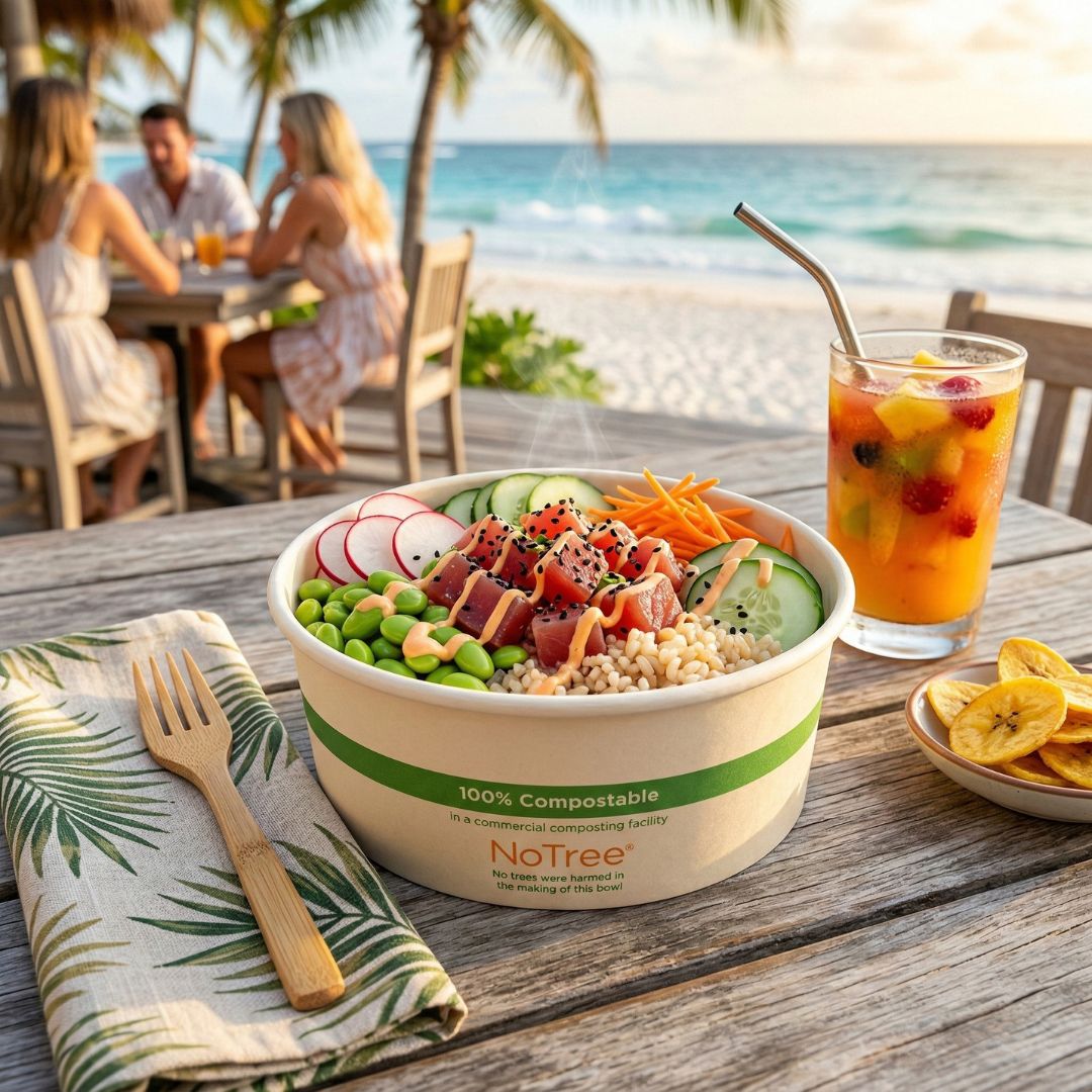 Paper bowl of salad with a drink on a wooden table by the beach