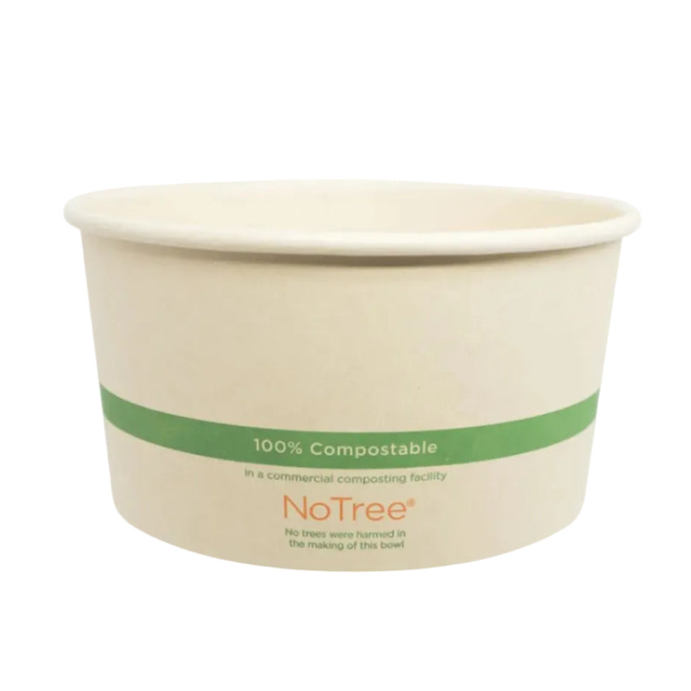 Compostable beige paper bowl with a green band and 'NoTree' branding on a white background