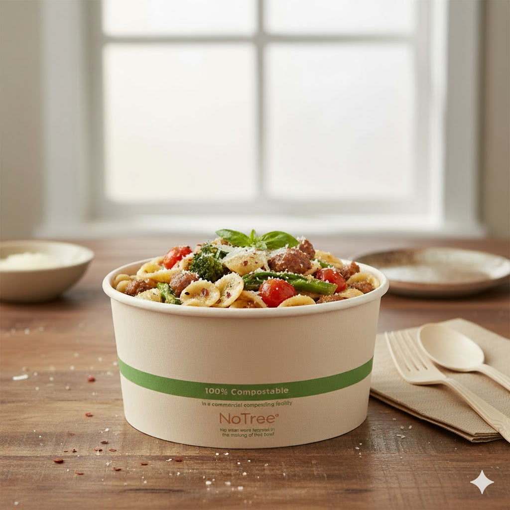 Pasta dish in a compostable container on a wooden table with a window in the background