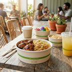 Compostable paper bowl from a restaurant with 'Notree' branding on a wooden table outdoors.