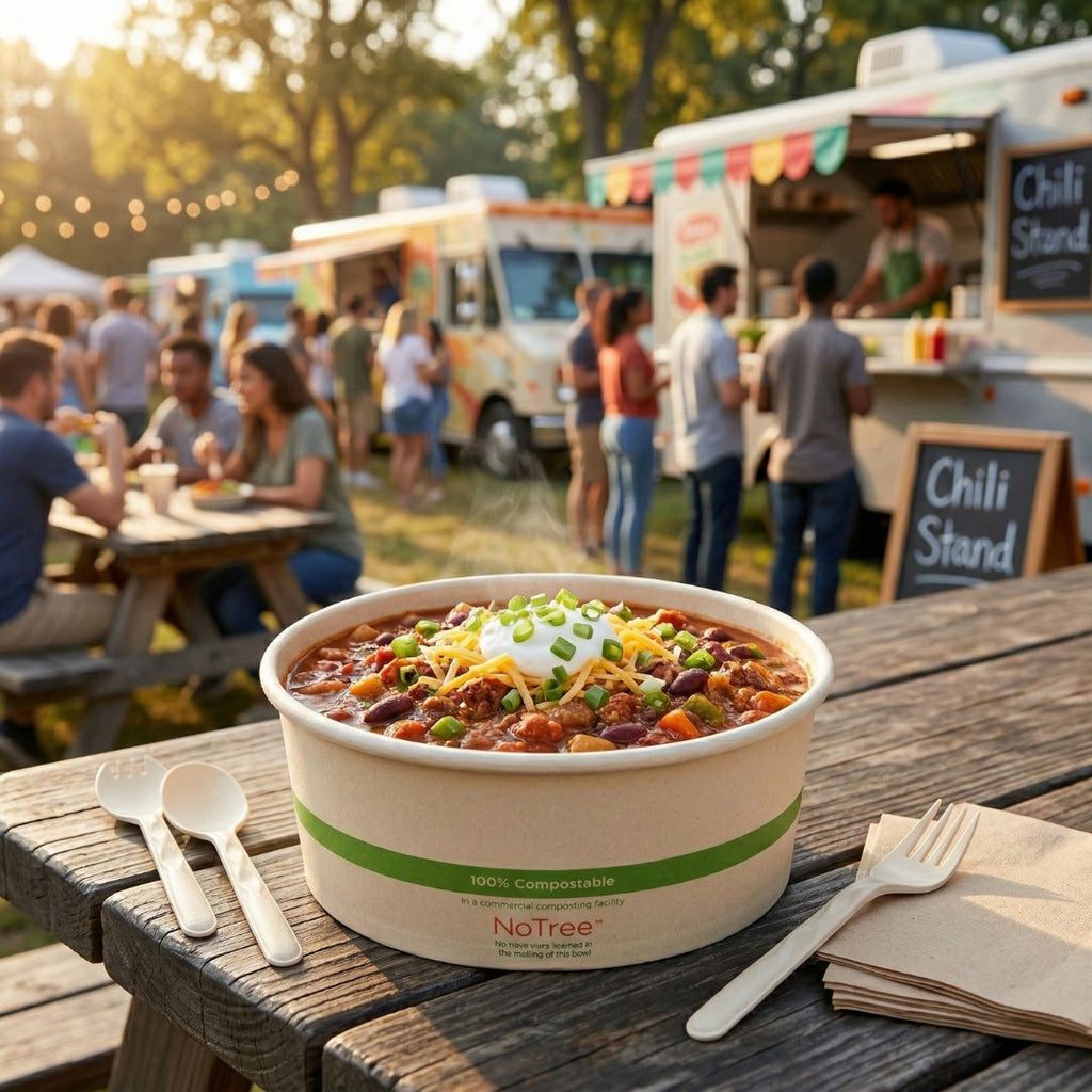 Bowl of chili with toppings in a compostable paper bowl on a wooden table at an outdoor food festival.