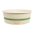 A round 42 oz wide paper bowl with a green stripe and text indicating it is compostable.