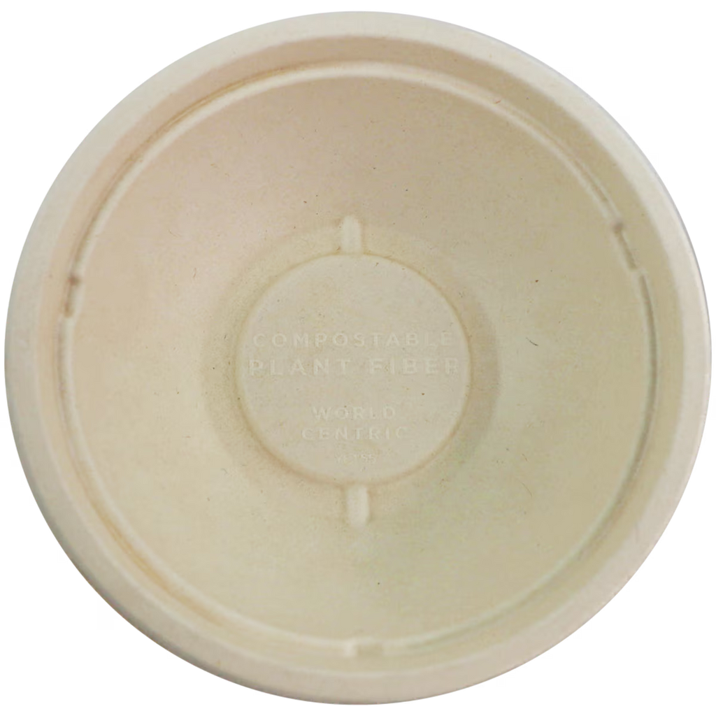 Top view of a compostable fiber bowl on a plain white background.