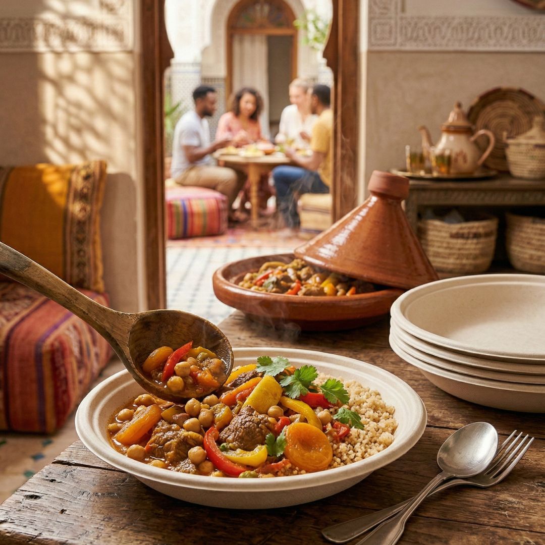 Moroccan tagine dish with colorful vegetables in a compostable bowl on a wooden table, people in the background.