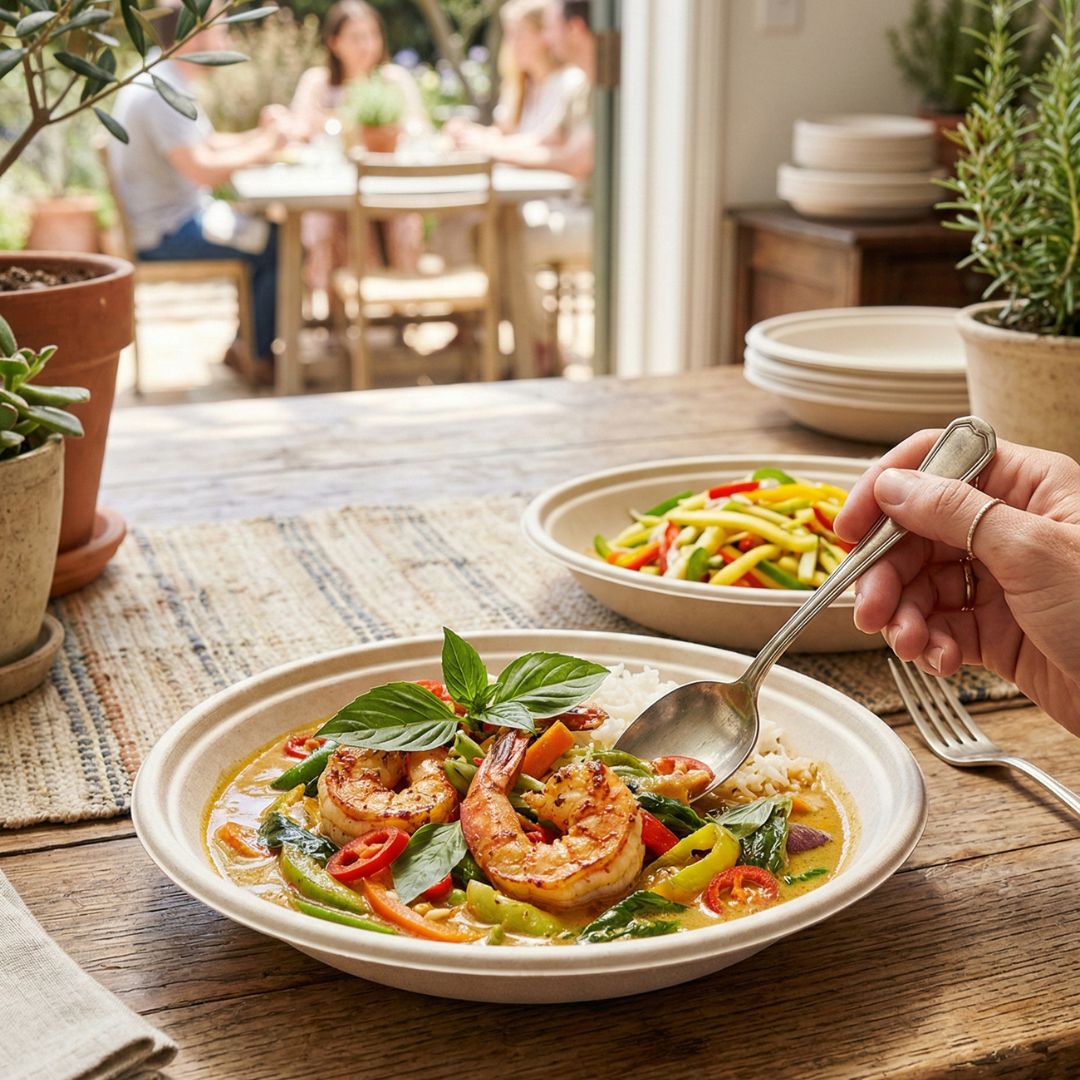 Person holding a spoon over a disposable bowl of shrimp and a vegetable dish on a wooden table with a blurred background of people and plants.