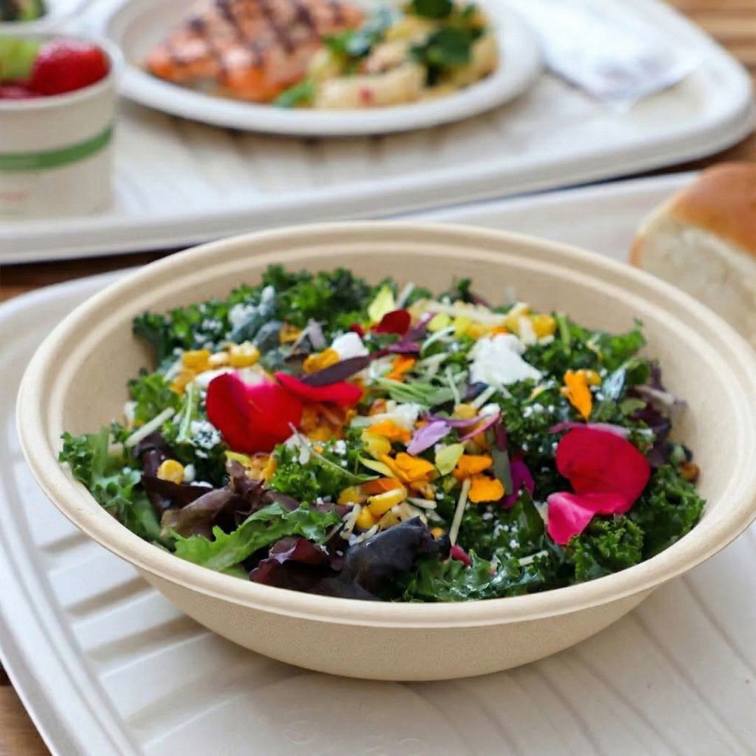 Fiber bowl of salad with kale and edible flowers on a white plate.