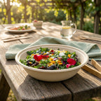 Bowl of salad on a wooden table with a natural outdoor setting