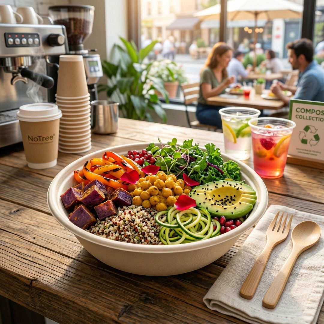 Colorful salad bowl on a wooden table with coffee cups and a compostable collection sign in the background.