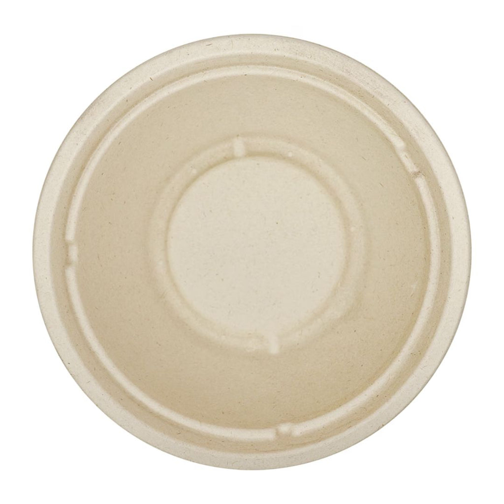 Top view of a compostable tan bowl on a white background