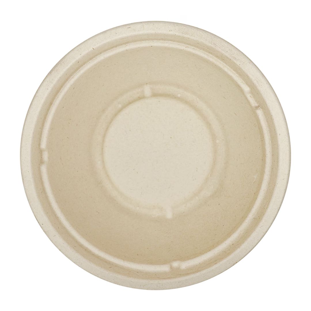 Top view of a compostable tan bowl on a white background