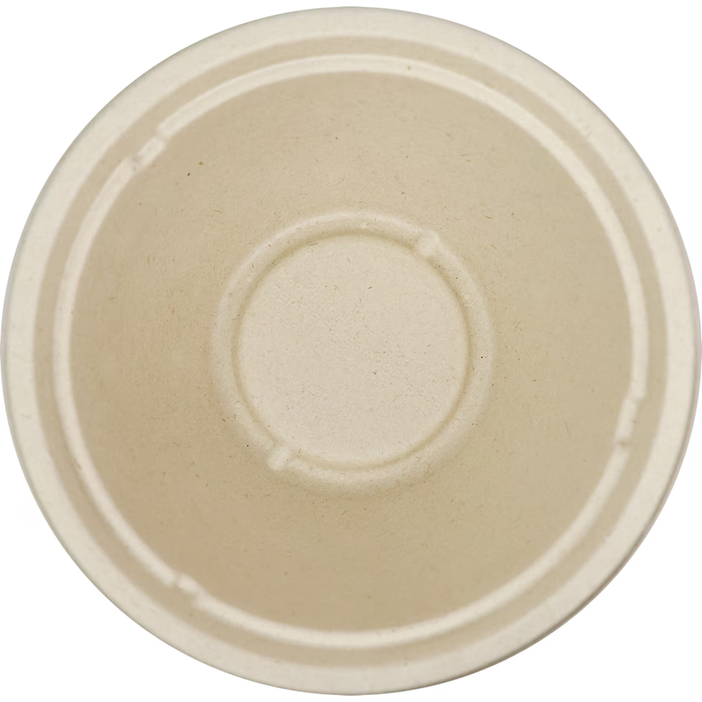 Top view of a beige compostable bowl on a white background