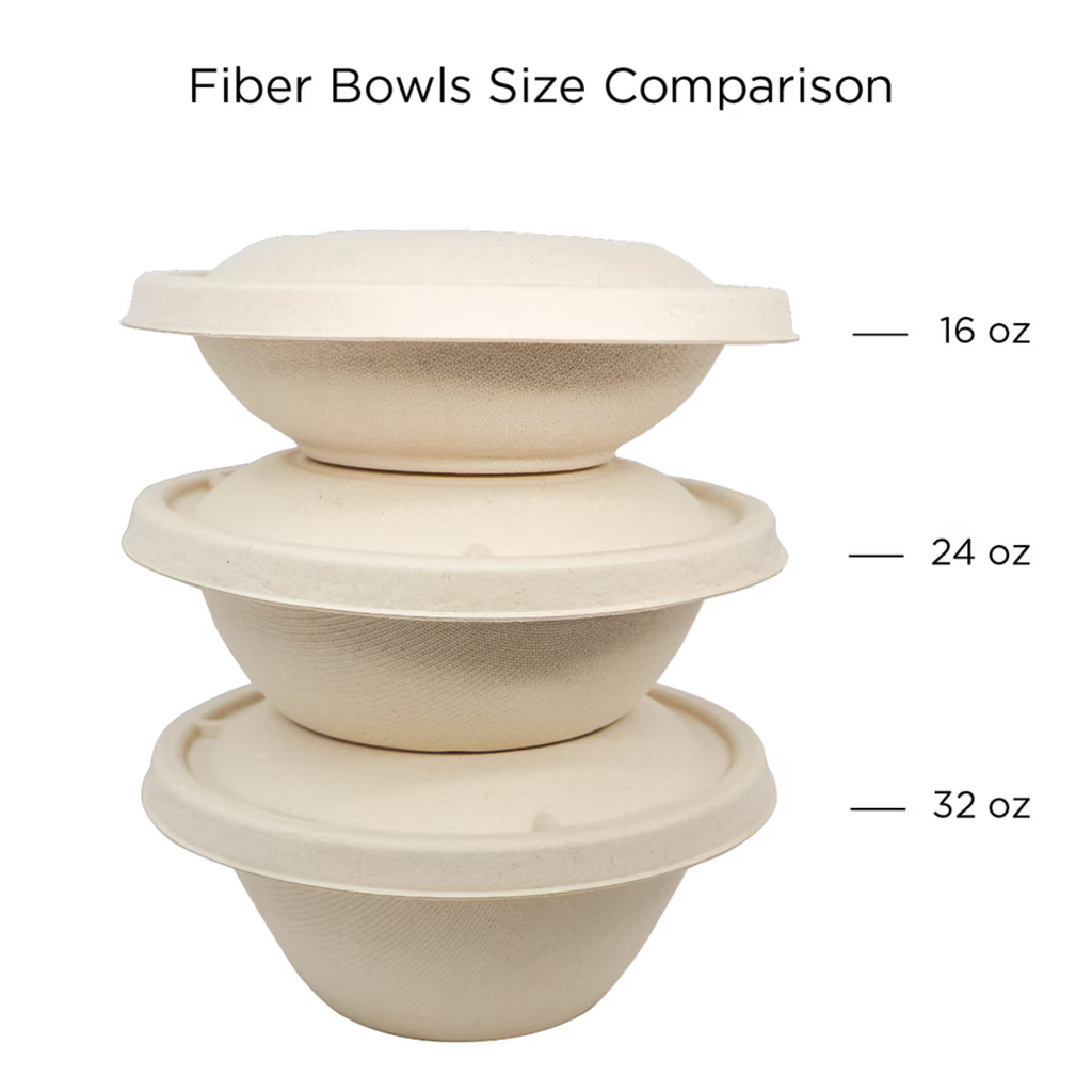 Stack of fiber bowls with sizes labeled on a white background