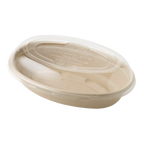Compostable bowl with a clear lid on a white background