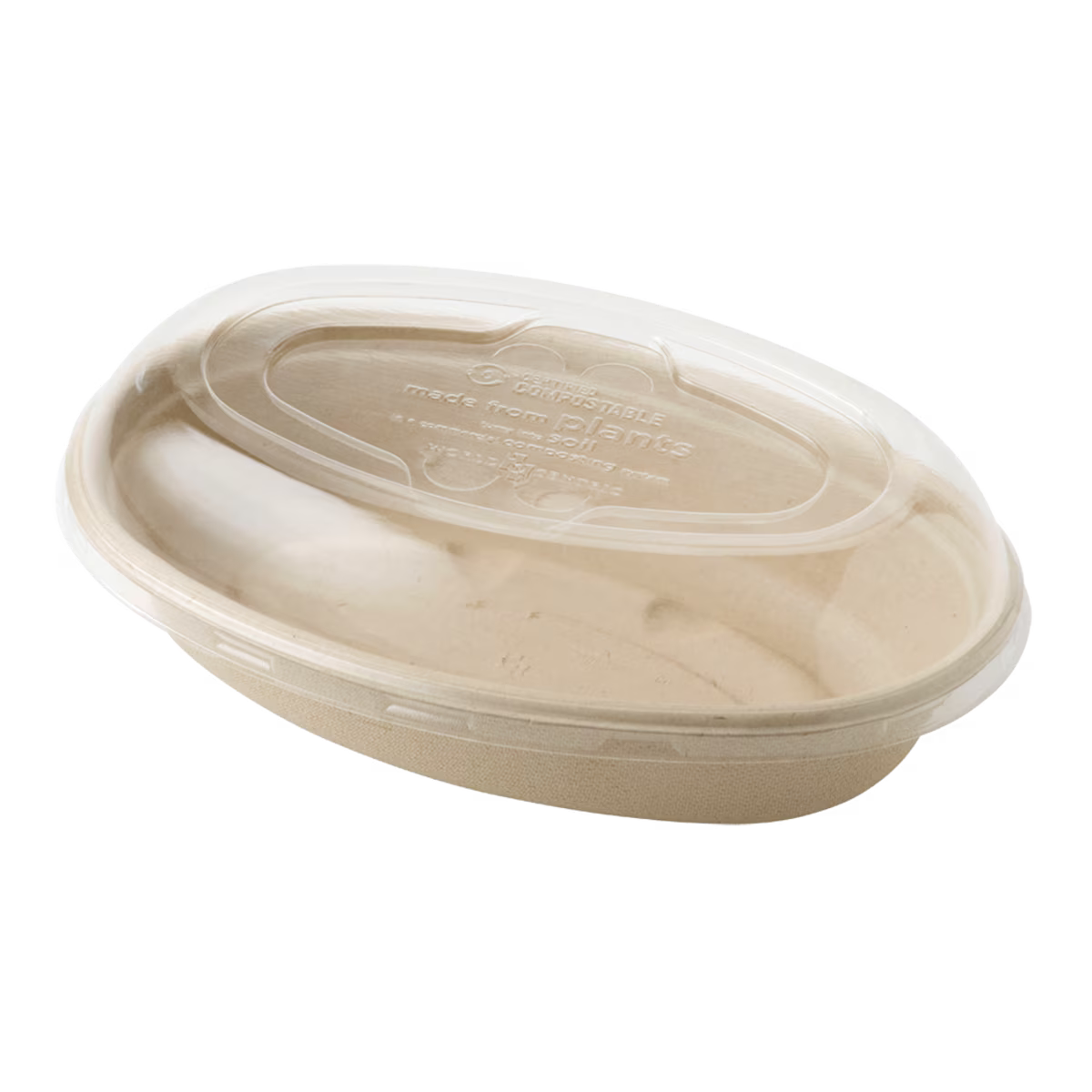 Compostable bowl with a clear lid on a white background