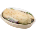 Burrito in a fiber bowl with a clear plastic lid on a white background