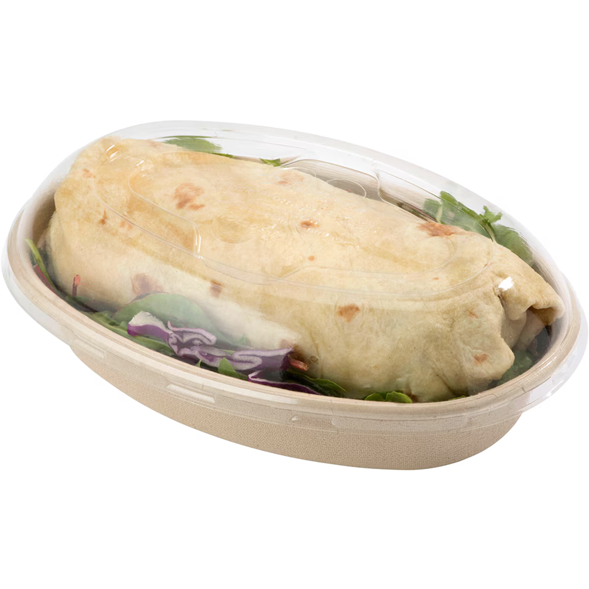 Burrito in a fiber bowl with a clear plastic lid on a white background