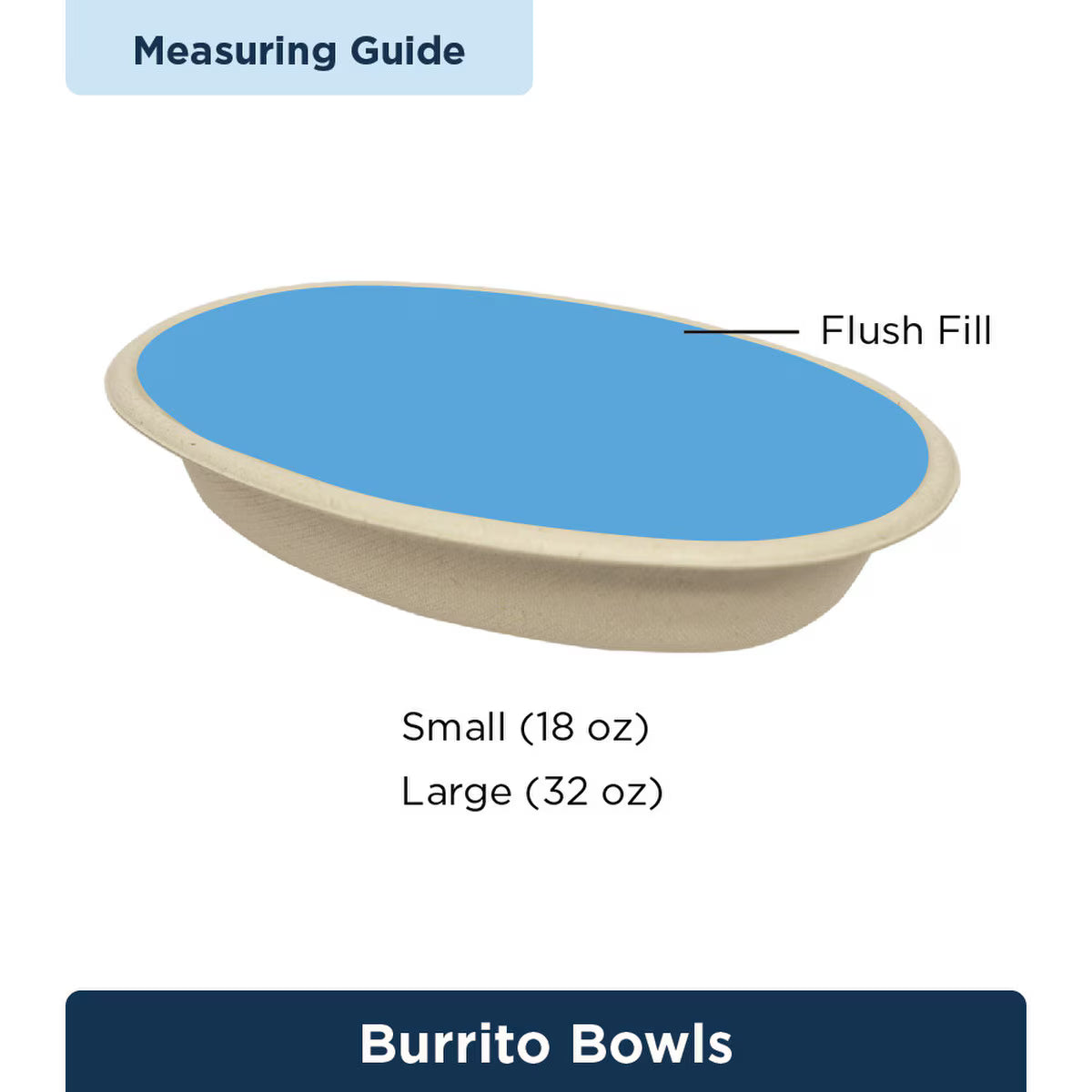 Burrito bowl with blue filling labeled for small and large sizes on a white background.