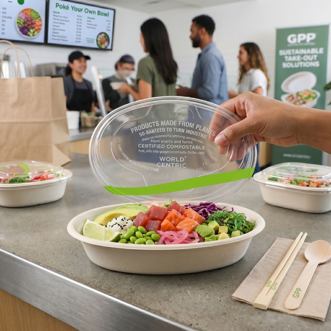 Person holding a compostable container with a salad at a food counter, with other people and food items in the background.