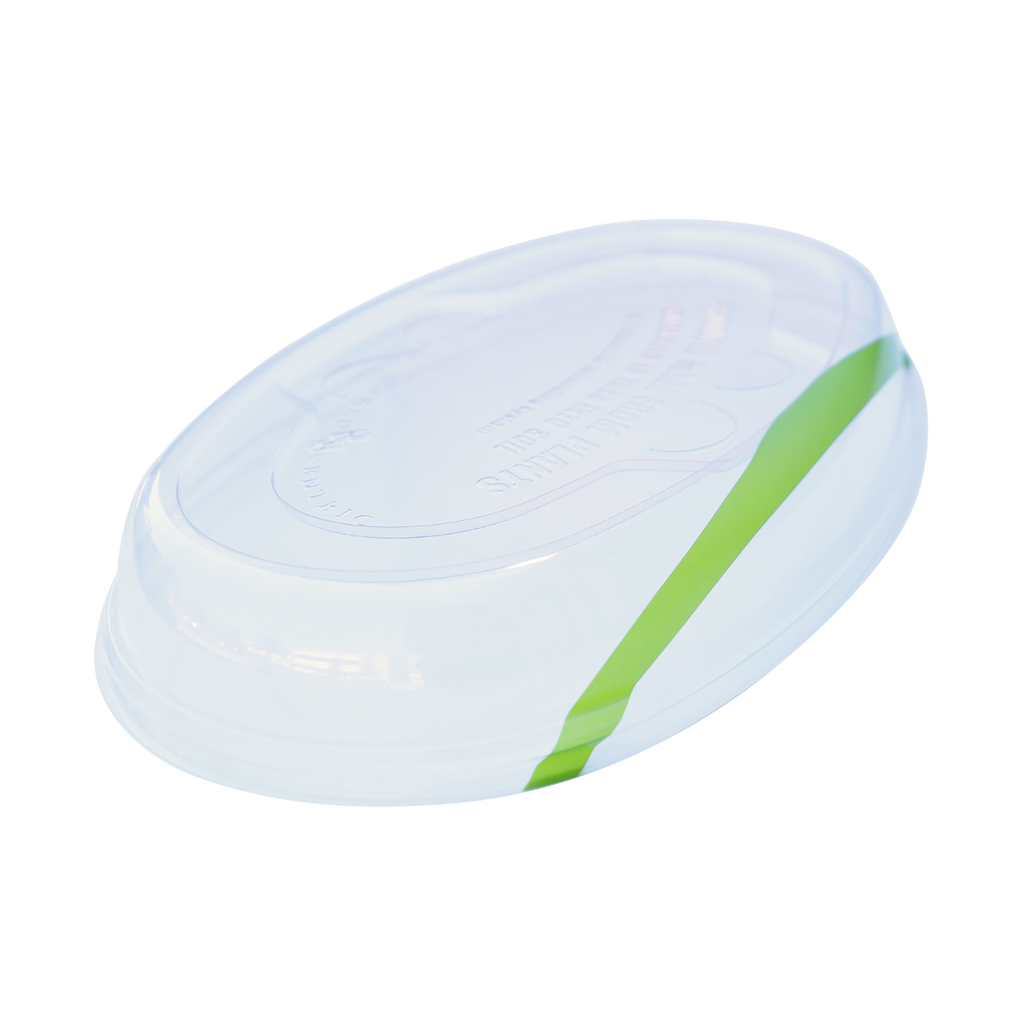 Clear plastic lid with a green handle on a white background