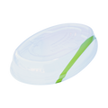 Clear plastic lid with a green handle on a white background