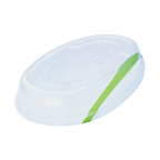 Clear plastic lid with a green handle on a white background