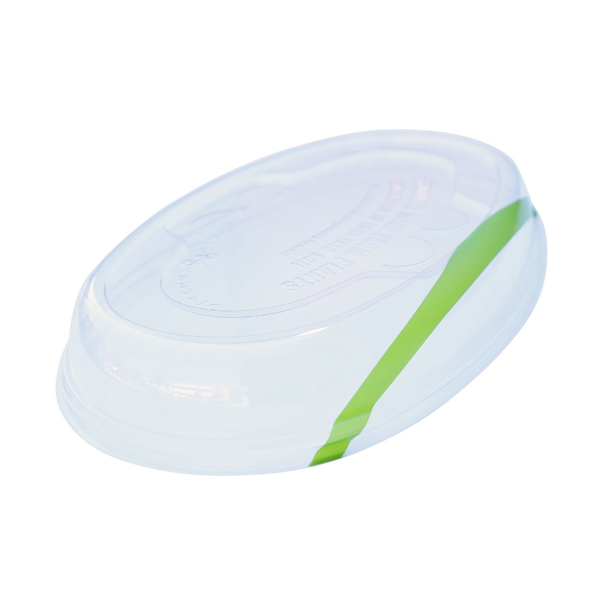 Clear plastic lid with a green handle on a white background