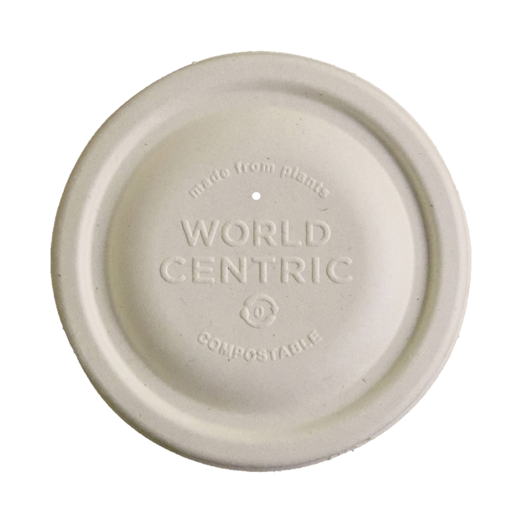 Fiber compostable lid with 'World Centric' branding on a white background