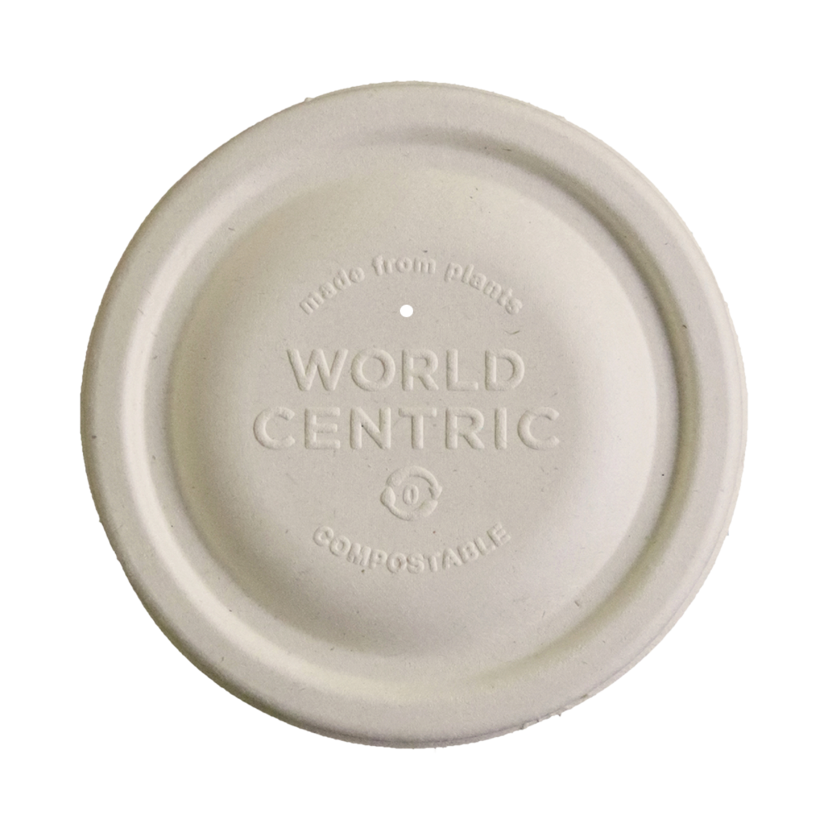 Fiber compostable lid with 'World Centric' branding on a white background