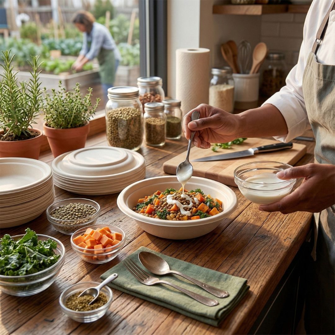 Person preparing a meal in a kitchen with various ingredients, compostable bowls with lids, and utensils on a wooden table.