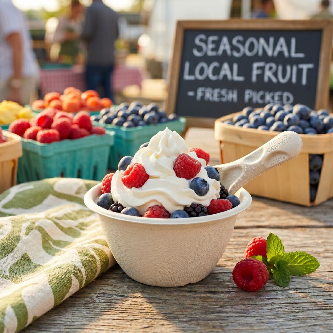 Bowl of whipped cream with berries on a wooden table at an outdoor market with 'Seasonal Local Fruit' sign.